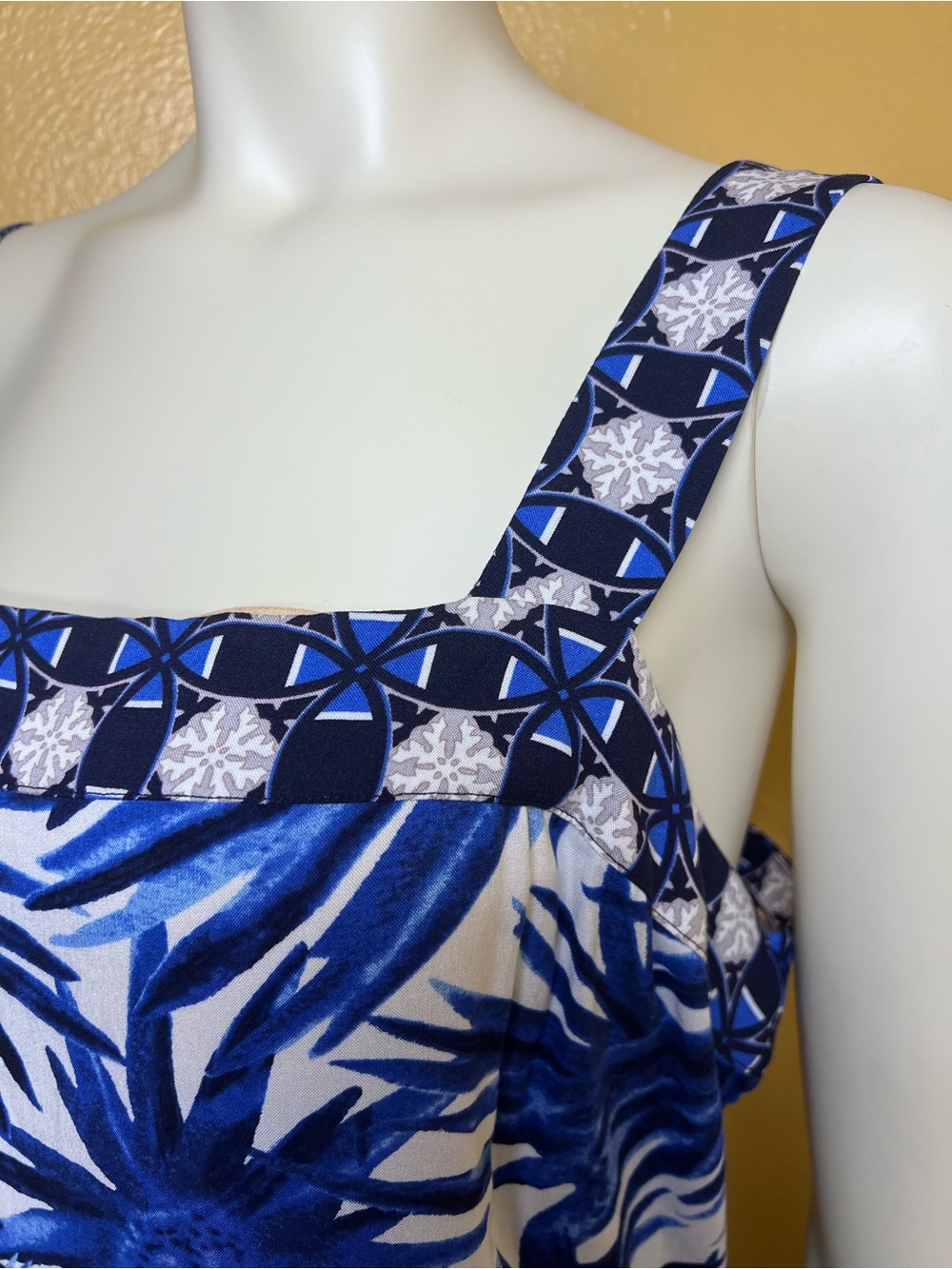 1.STATE Beach Blue White Floral Patchwork Maxi Dress Smocked Back Resort, XL - Picture 7 of 13
